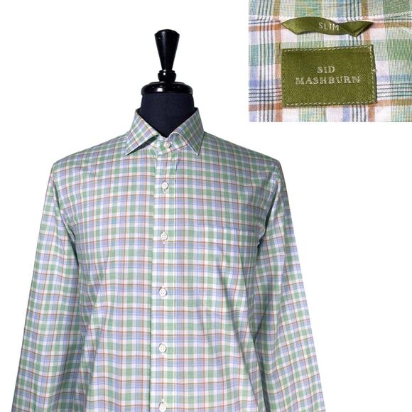 Sid Mashburn Mens Shirt Large Green Blue Plaid Slim Fit Button Up Long Sleeve - Picture 1 of 9
